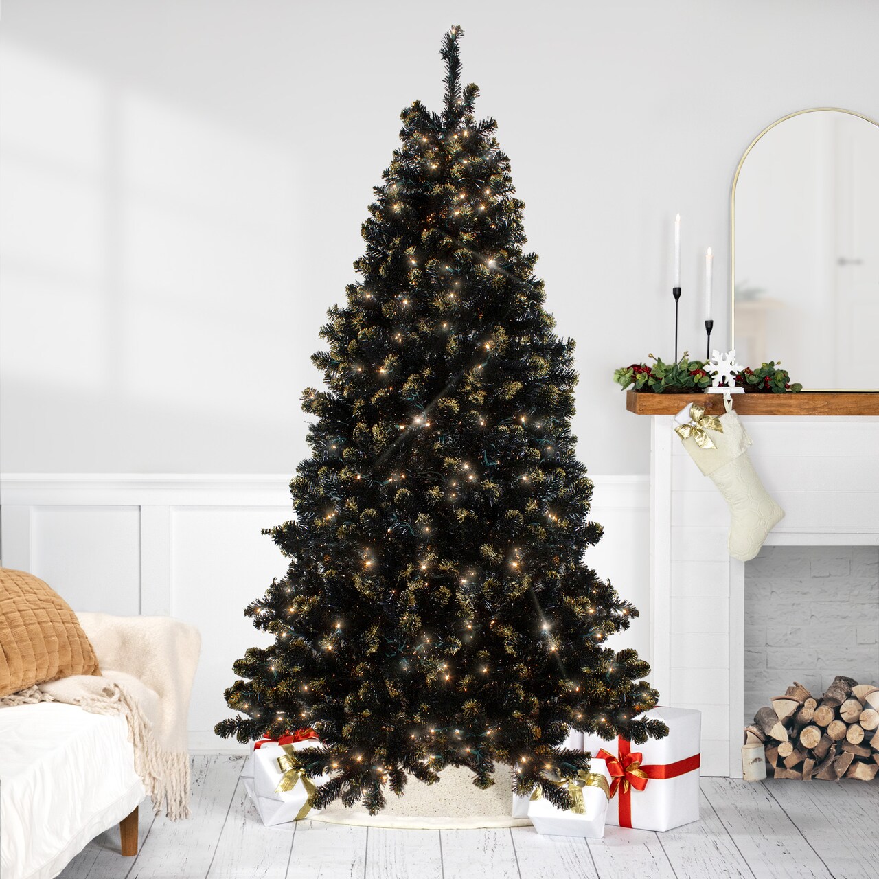 Northlight Pre-Lit LED Black Crystal Pine with Gold Glitter Artificial Christmas Tree - 7.5 ft Clear Lights